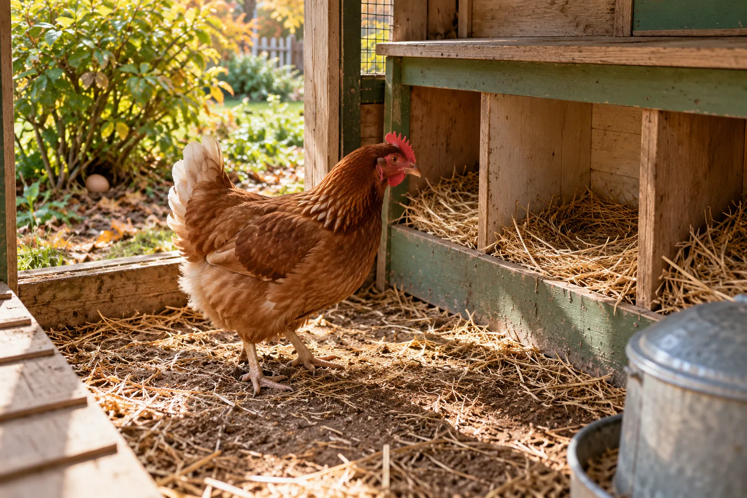 Poule rousse devant des pondoirs vides, avec un œuf caché dans le jardin