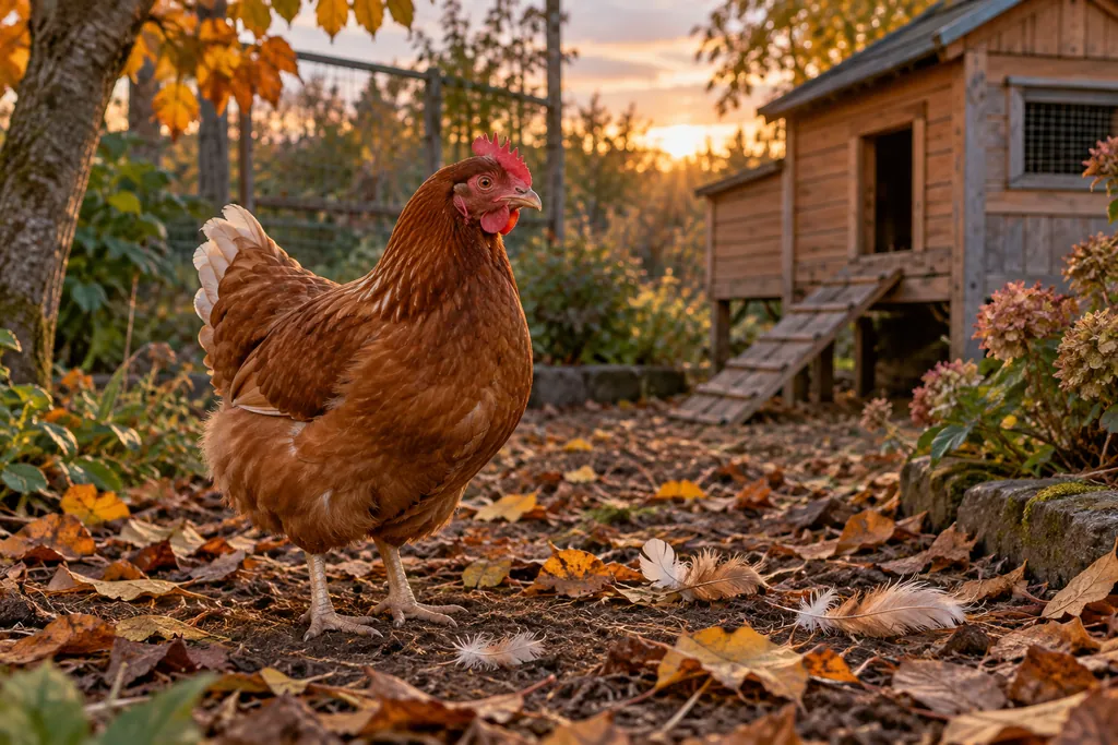 Poule rousse dans un jardin en automne, avec quelques plumes tombées au sol
