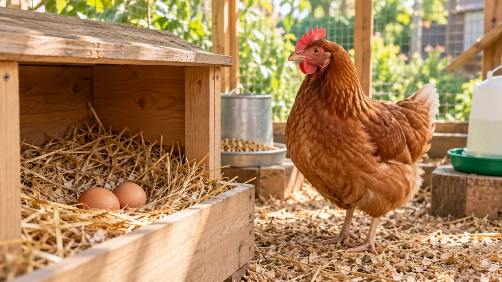 Poule rousse près d’un pondoir propre contenant deux œufs, avec eau et nourriture à proximité