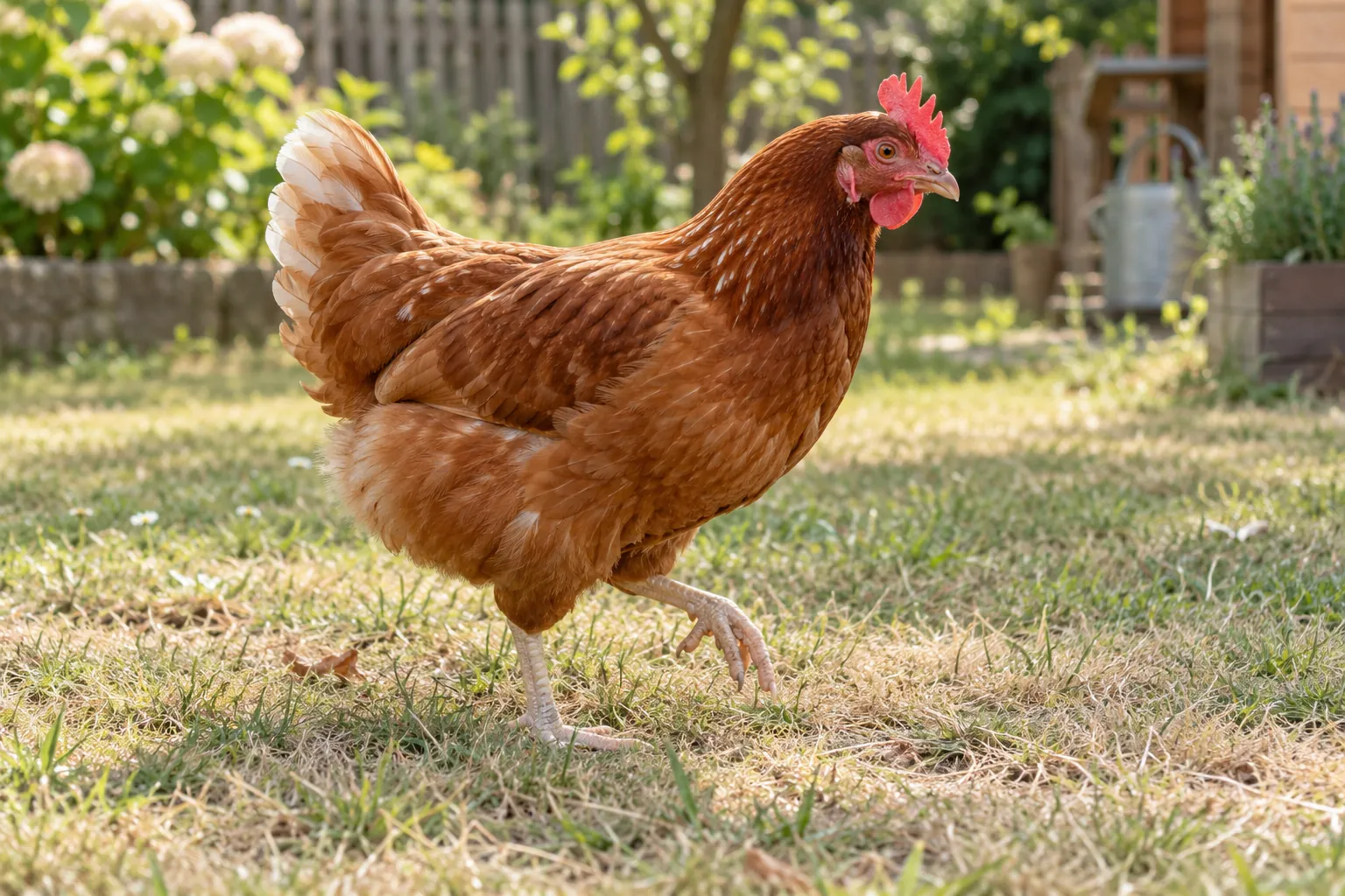 Poule rousse en train de marcher dans son parcours pour observer une éventuelle boiterie