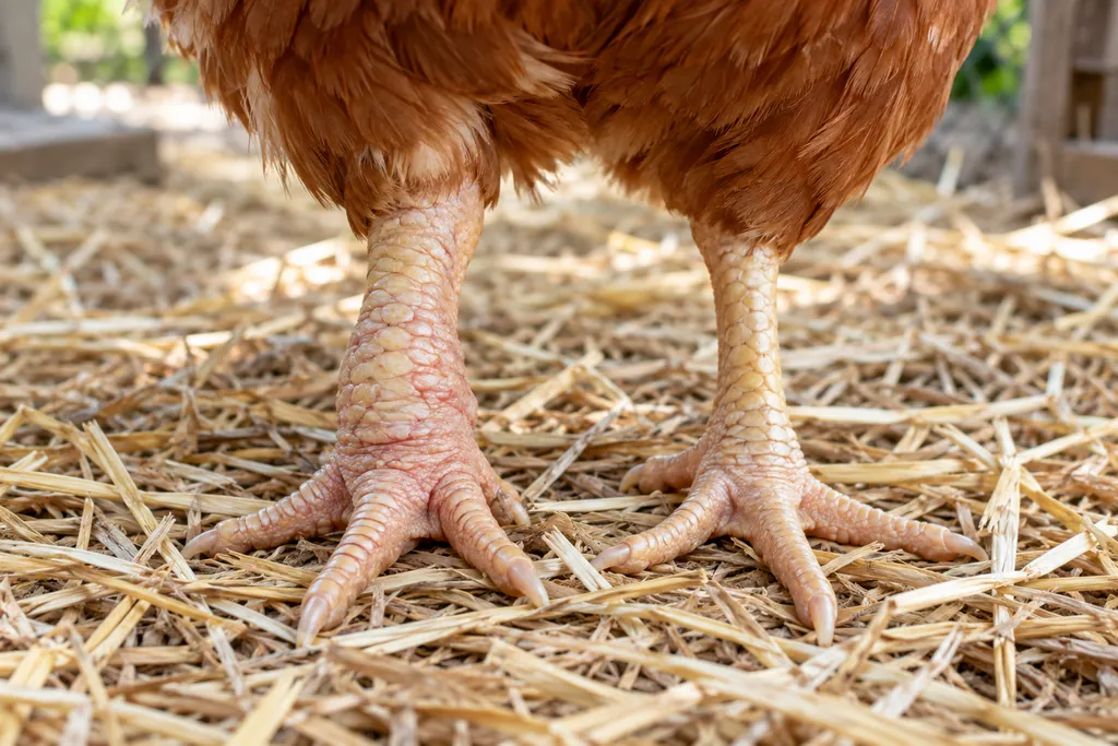 Gros plan des pattes d’une poule pour vérifier les écailles, les doigts et un éventuel gonflement