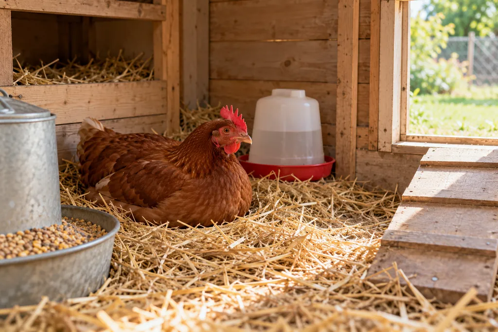 Poule rousse au repos dans un espace propre avec de l’eau et de la nourriture à proximité
