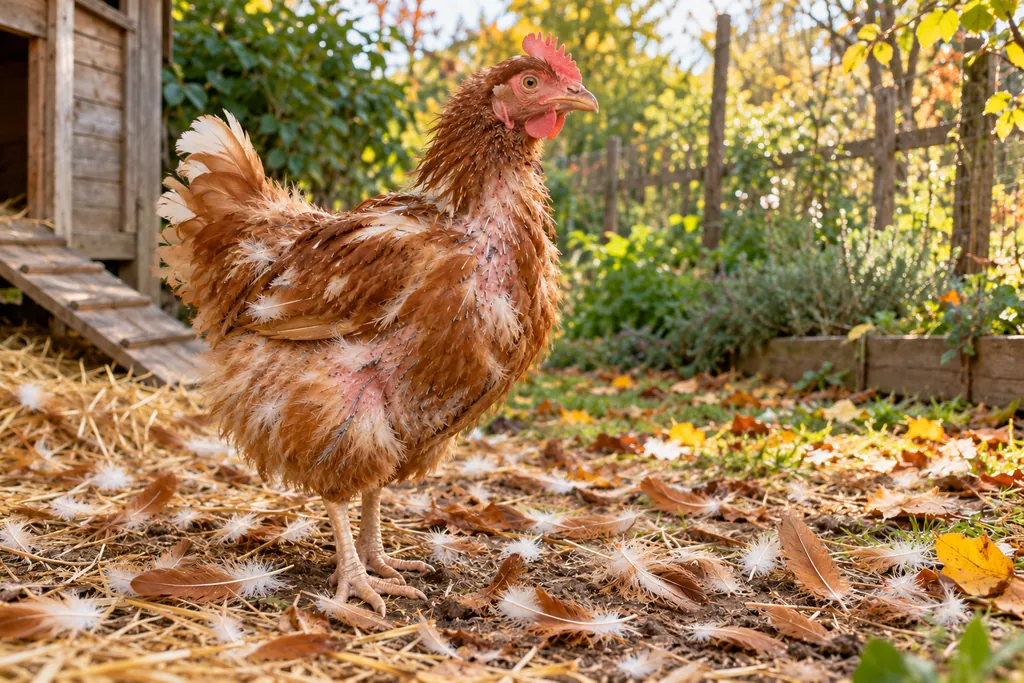 Poule rousse en pleine mue d’automne avec des plumes en repousse et des plumes tombées au sol