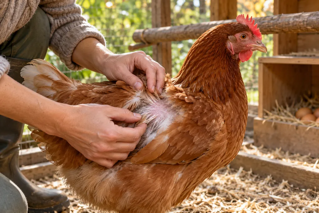 Examen du plumage et de la peau d’une poule rousse pour vérifier une perte de plumes