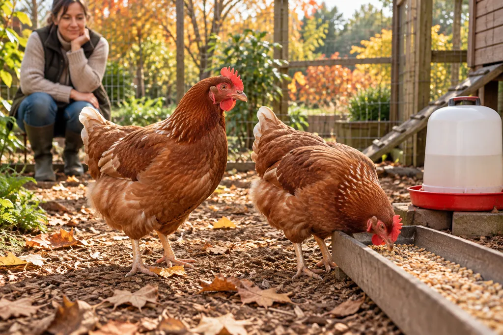 Deux poules rousses avec de l’eau et de la nourriture dans leur poulailler en automne