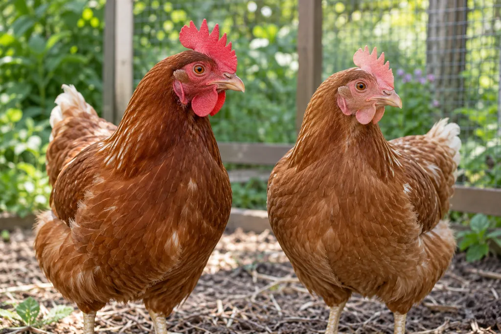 Deux poules rousses côte à côte, l’une avec une crête rouge et l’autre avec une crête rose pâle