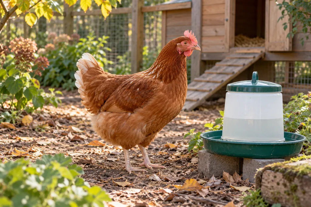 Poule rousse à la crête rose pâle debout près de son abreuvoir dans un poulailler