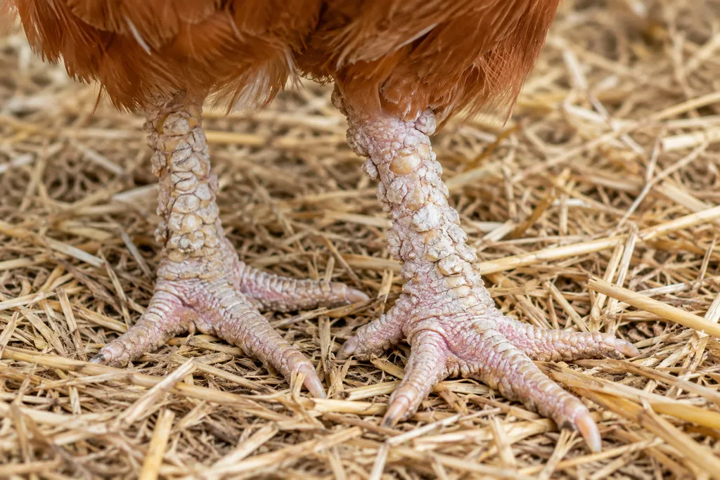 Pattes de poule présentant des écailles épaissies et soulevées pouvant évoquer la gale des pattes
