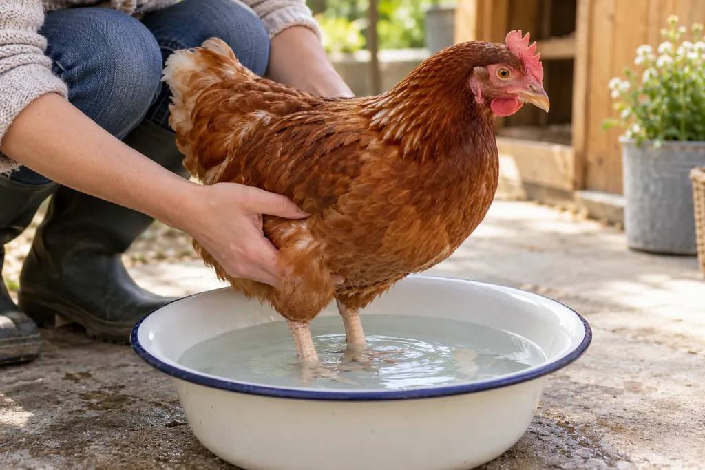 Poule maintenue doucement pendant un bain de pieds à l’eau tiède avant le soin des pattes
