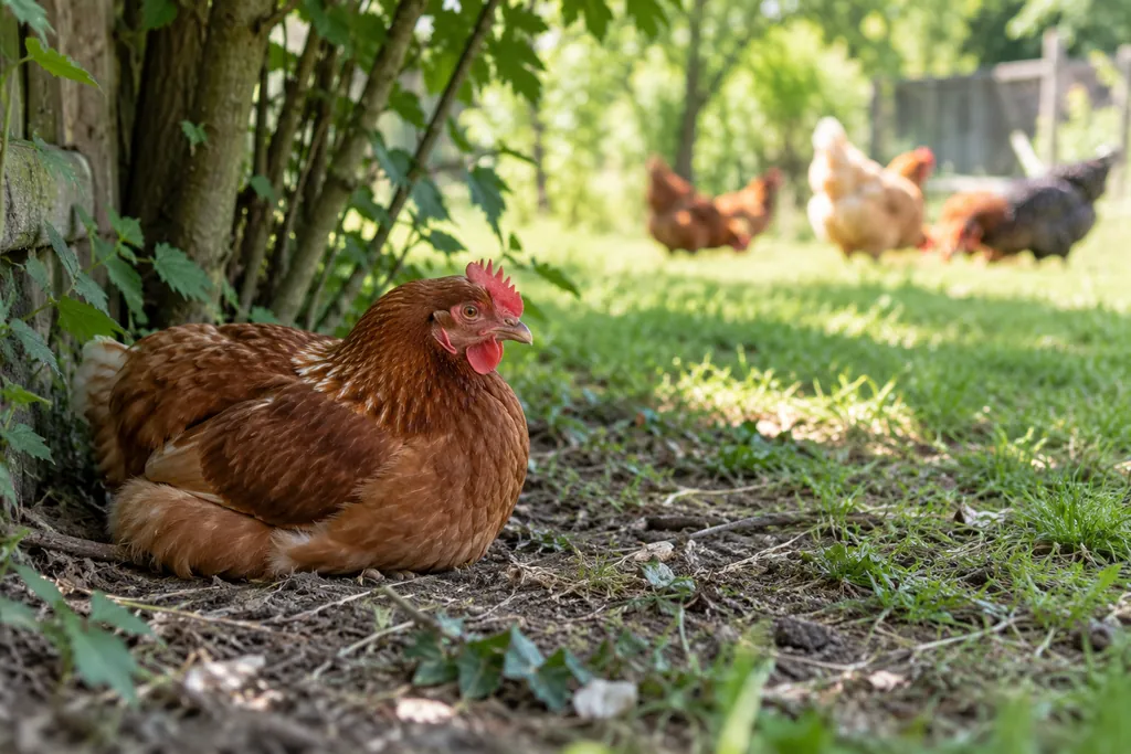 Poule rousse restant à l’écart des autres poules dans son parcours