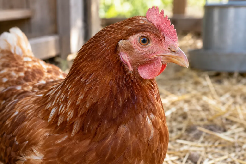 Gros plan de la tête d’une poule pour observer sa crête, ses yeux et son bec