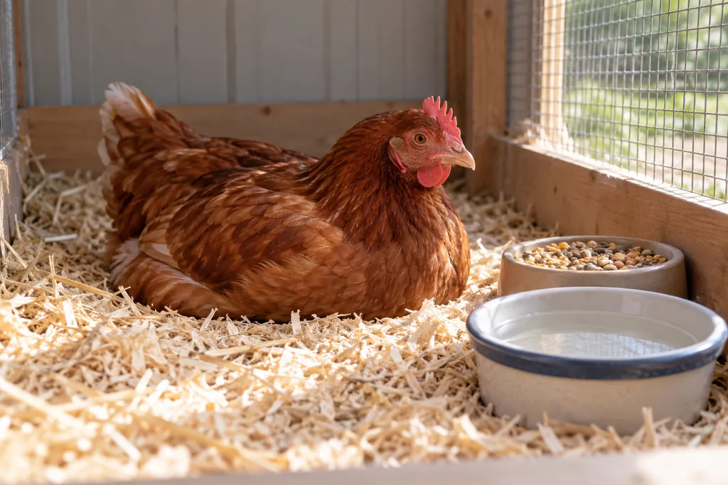 Poule au repos dans un espace séparé propre avec de l’eau et de la nourriture à proximité