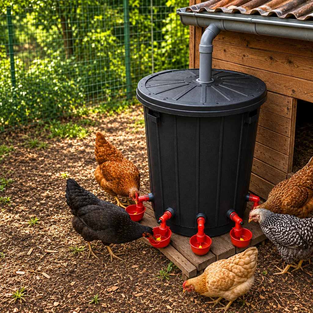 Abreuvoir XXL fait maison avec un grand bidon noir couvert et plusieurs coupelles rouges entouré de poules