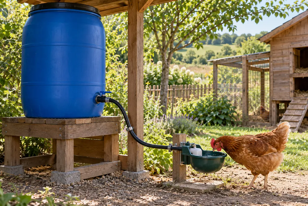 Abreuvoir automatique à flotteur relié à un grand bidon bleu installé sous un abri