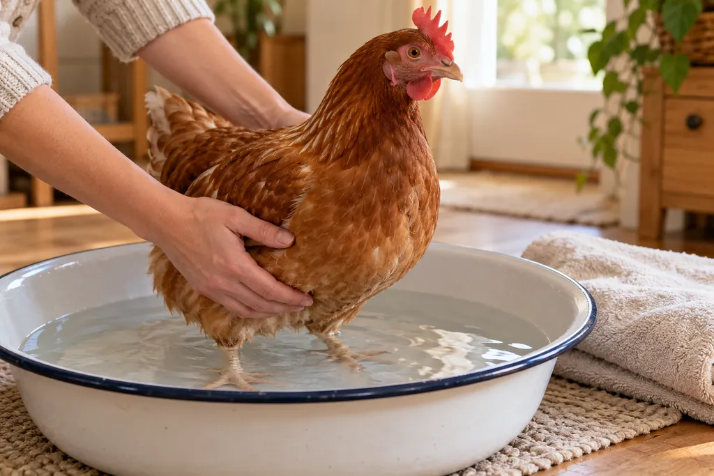 Poule rousse accompagnée doucement pendant un bain de siège dans une bassine d’eau peu profonde