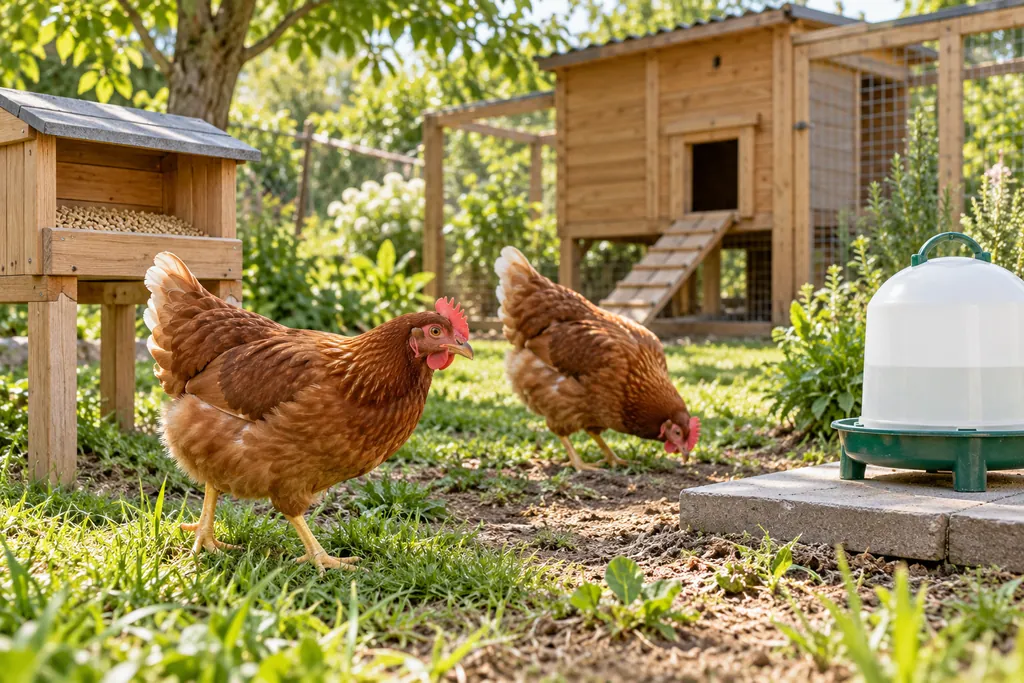 Deux poules dans un parcours avec une mangeoire couverte et un abreuvoir sur une dalle