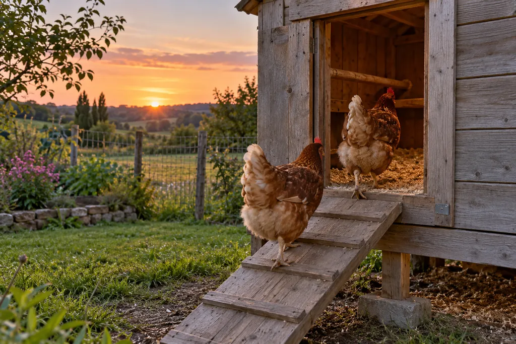 Deux poules rousses remontant la rampe pour rentrer au poulailler au coucher du soleil