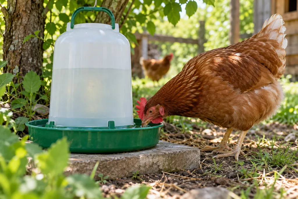 Poule rousse buvant dans un abreuvoir classique placé à l’ombre sur un support stable