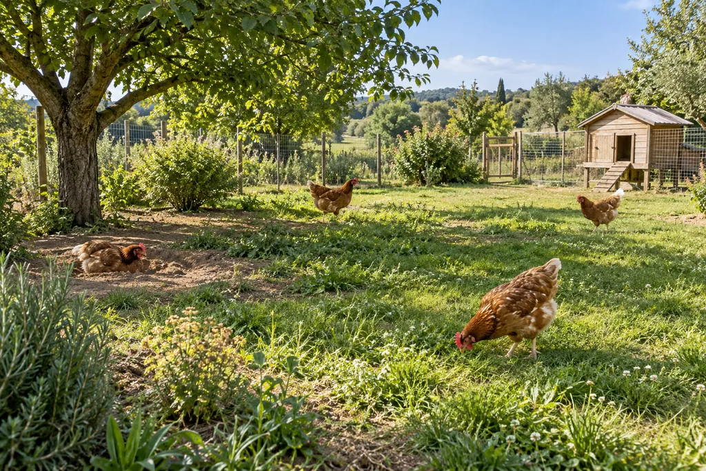 Quatre poules rousses dans un parcours extérieur spacieux avec de l’herbe de l’ombre et une zone de terre pour gratter