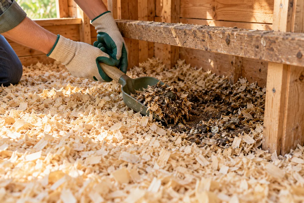 Retrait des copeaux souillés sous un perchoir avec une petite pelle