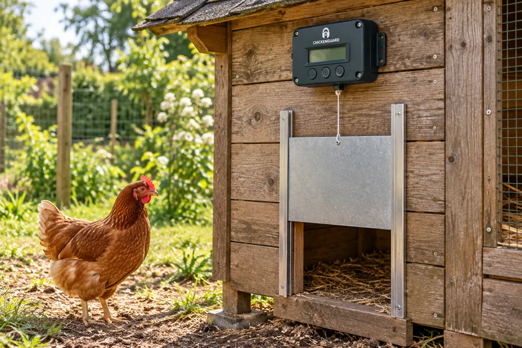 Illustration d’un portier automatique ChickenGuard au-dessus d’une trappe métallique avec son cordon de levage