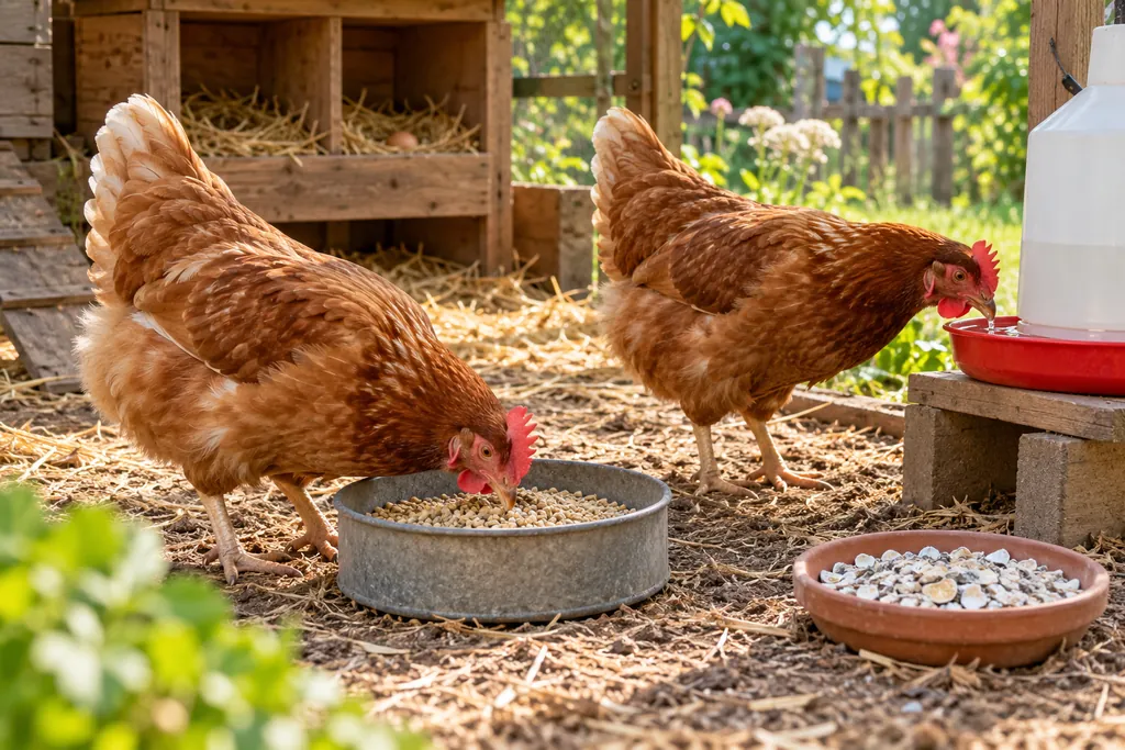 Deux poules rousses mangent et boivent près d’une coupelle de coquilles d’huîtres concassées