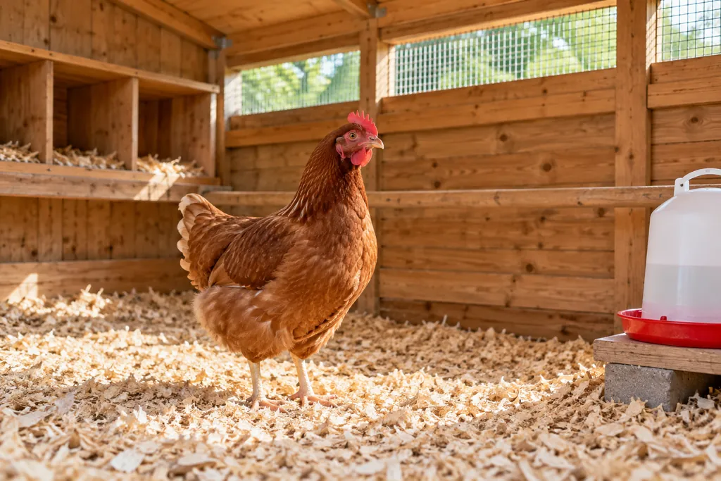 Poule dans un poulailler avec une litière sèche et des ouvertures de ventilation