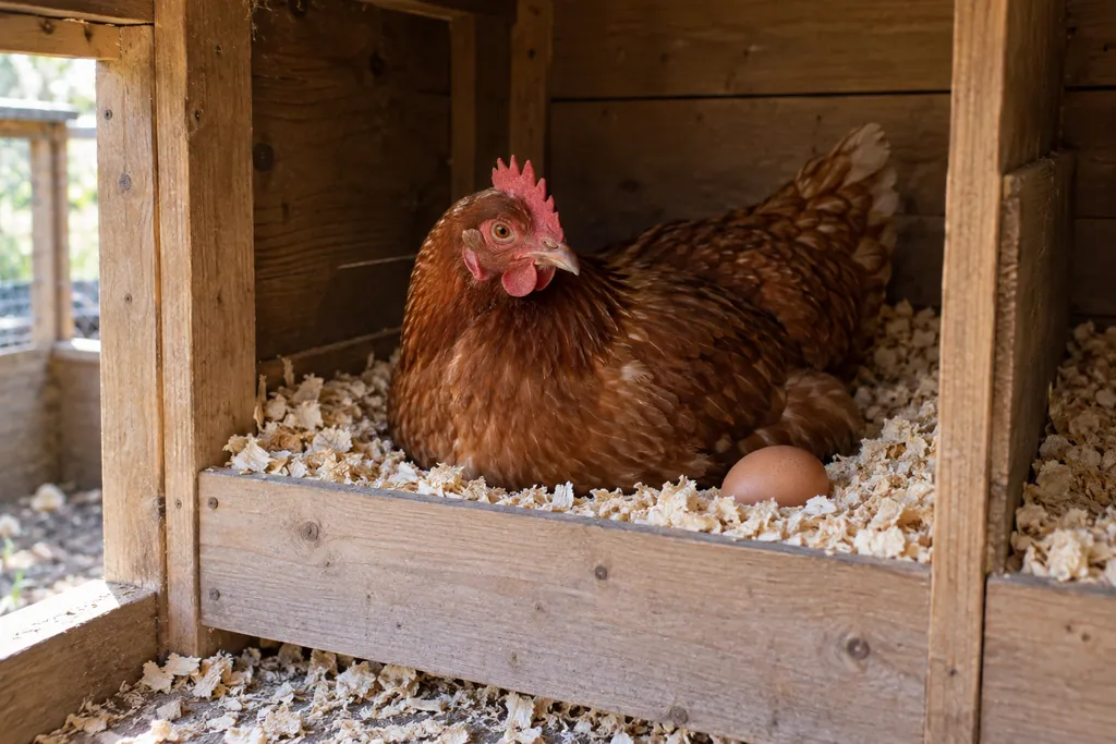 Poule rousse installée dans un pondoir en bois peu lumineux garni de copeaux propres avec un œuf à côté