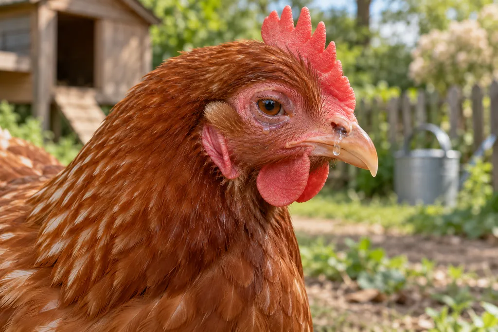 Poule présentant un œil larmoyant et un écoulement près d’une narine