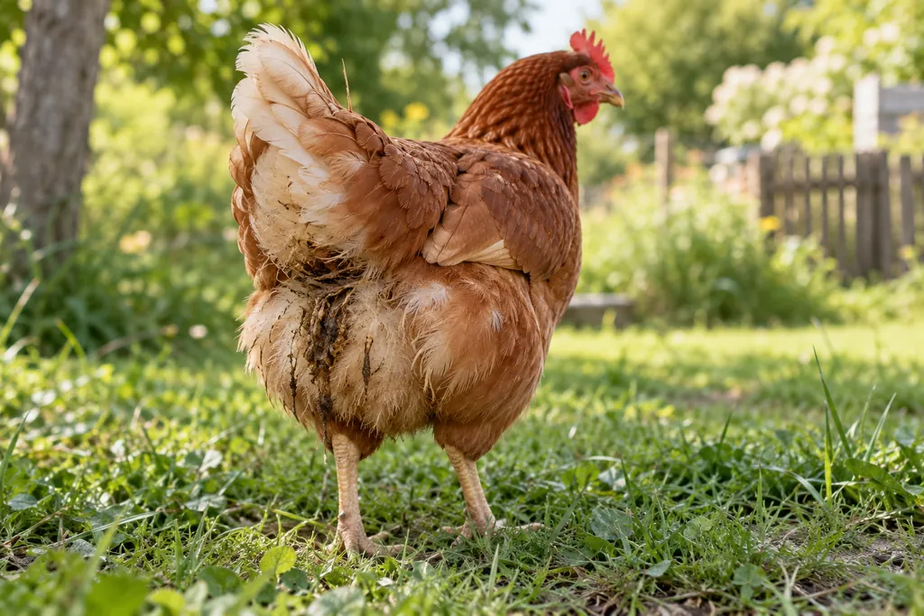 Poule rousse vue de derrière avec les plumes sous la queue souillées par des fientes