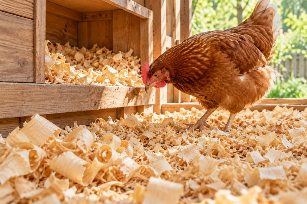 Poule rousse dans un poulailler avec des copeaux de bois propres au sol et dans le pondoir