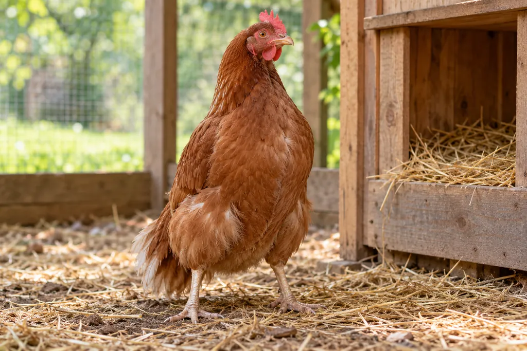 Poule rousse en posture très verticale, avec l’arrière du corps abaissé, près d’un pondoir