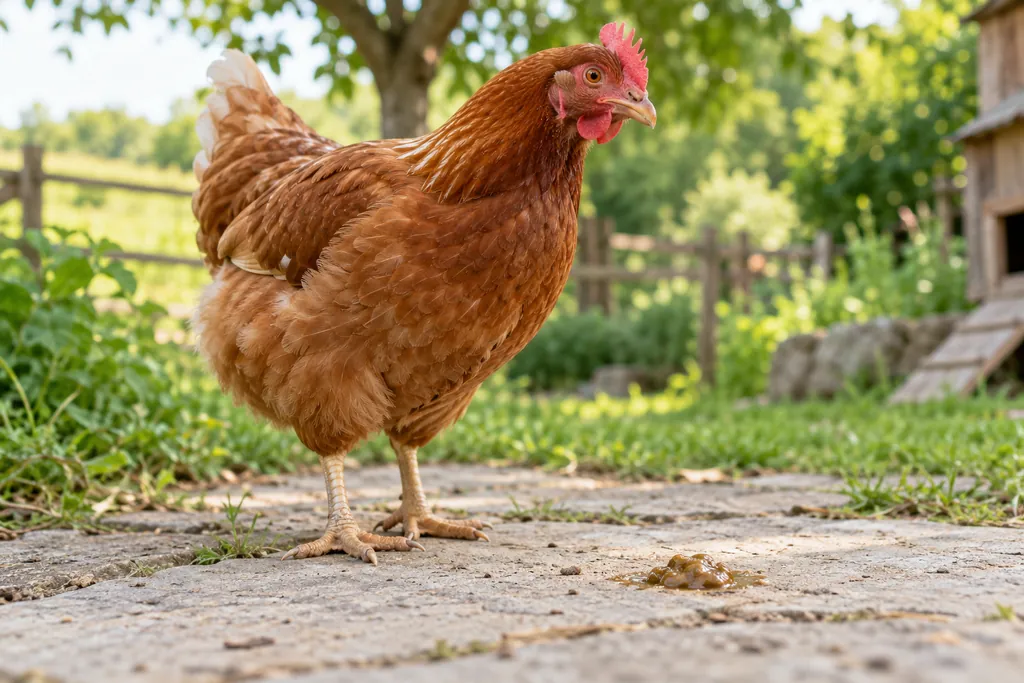 Poule rousse près d’une petite fiente molle sur une dalle dans son parcours