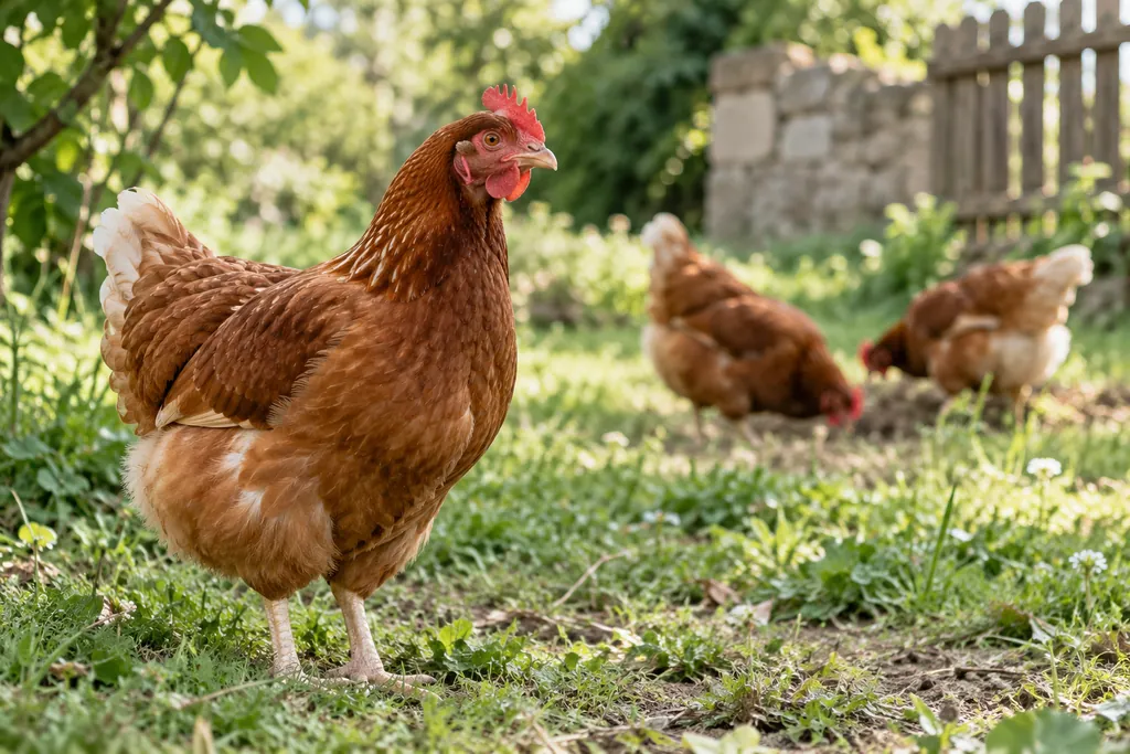 Poule rousse au premier plan, à distance de deux autres poules dans un jardin