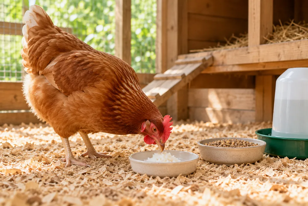 Poule rousse picorant du riz cuit, avec sa nourriture habituelle et un abreuvoir à proximité