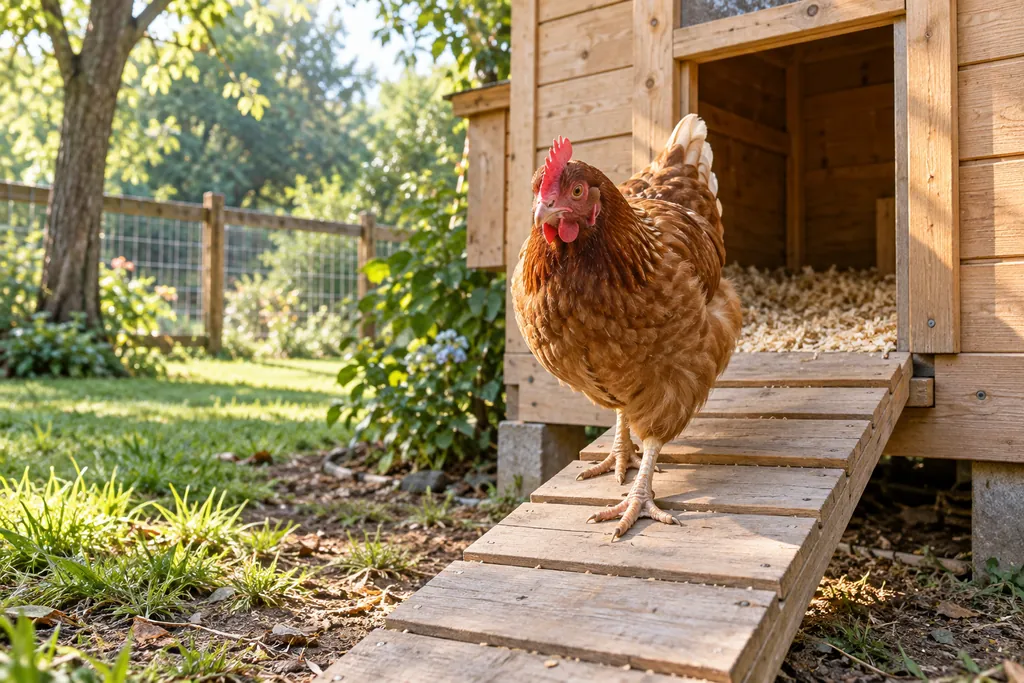 Poule rousse sortant d’un poulailler en bois par une rampe dans la lumière du matin