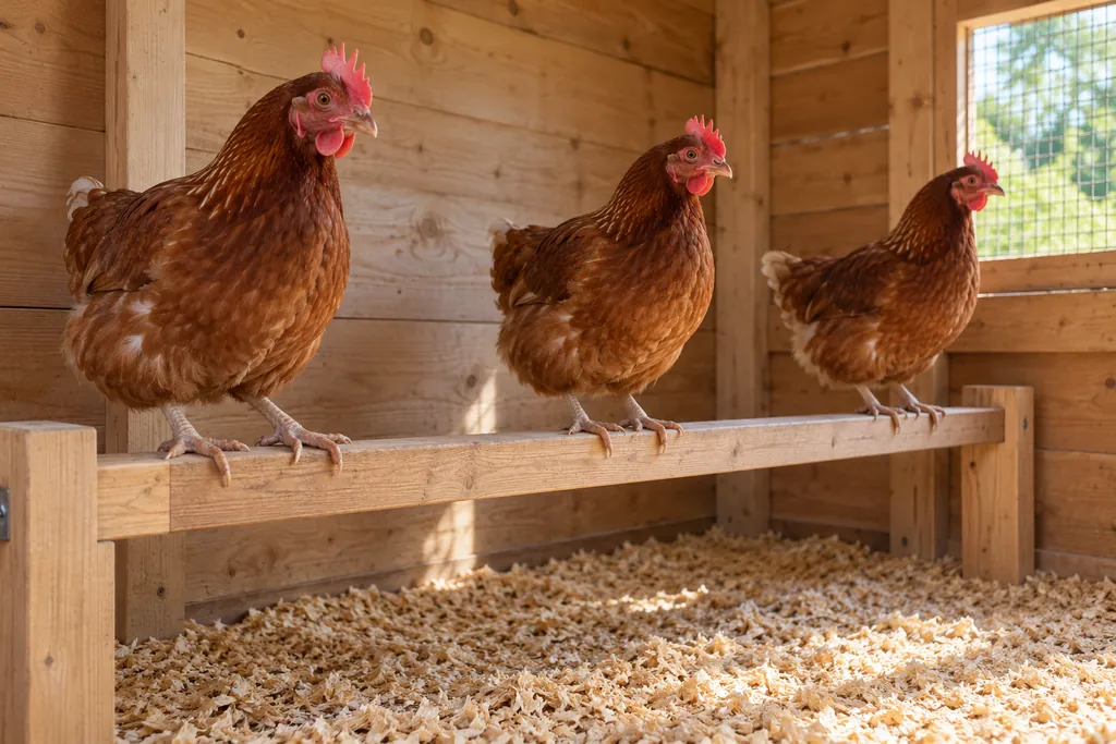 Trois poules rousses espacées sur un perchoir en bois plat dans un poulailler garni de copeaux propres