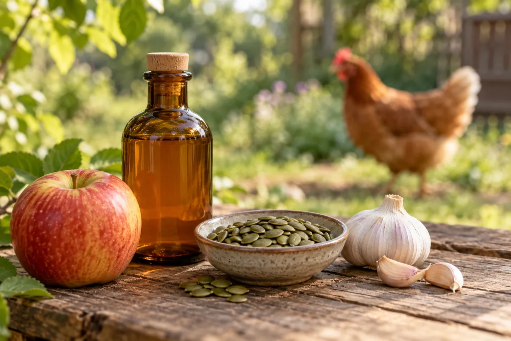 Bouteille de vinaigre de cidre, pomme, graines de courge et ail sur une table en bois